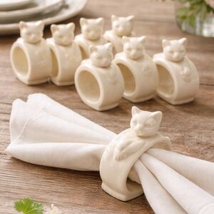 8 Cat Porcelain Napkin Rings – Cream Glazed Kitty Table Decor